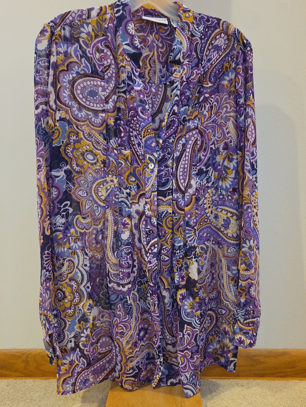 Susan Graver Purple & Gold Paisley Sheer Blouse  Sz Small